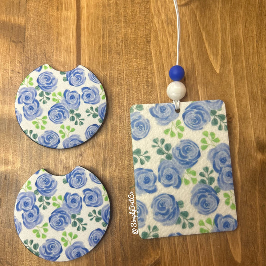 Blue Floral Freshie and Car Coaster