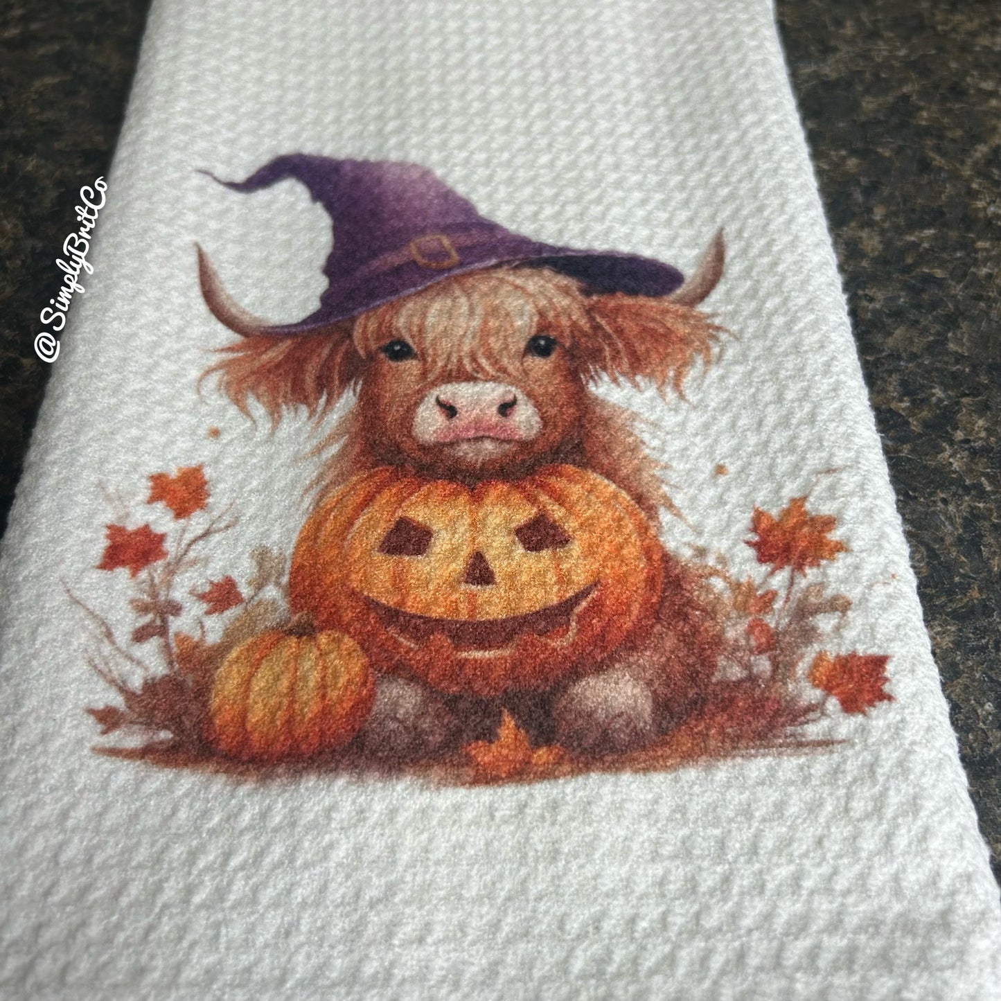 Purple Witch Highland Cow with Pumpkin Kitchen Towel - Halloween