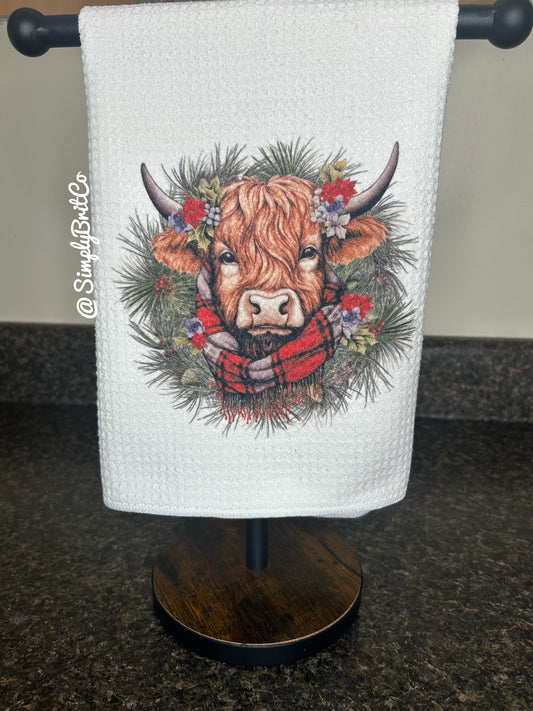 Highland Cow Wreath Christmas Kitchen Towel