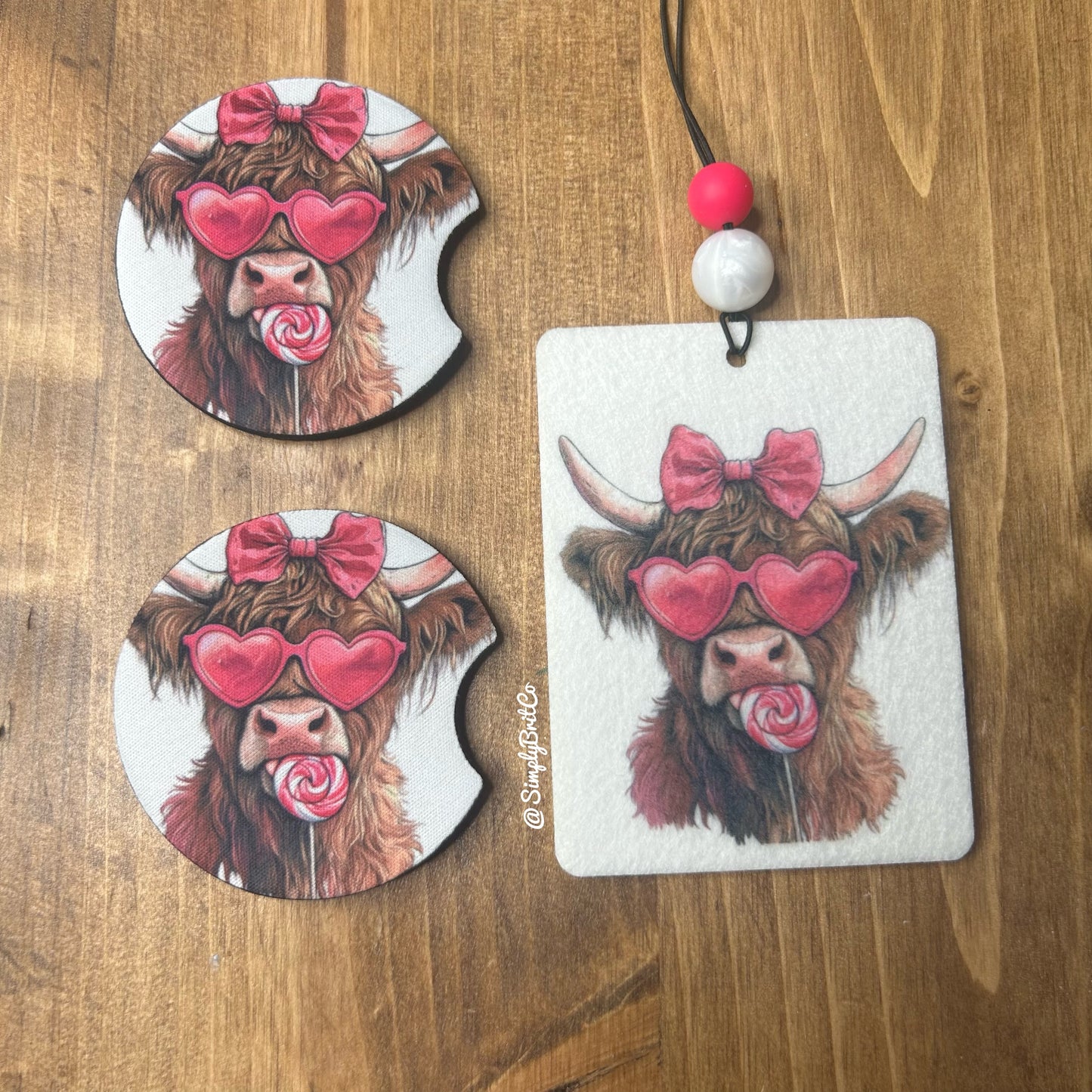 Pink Highland Cow Freshie and Car Coaster