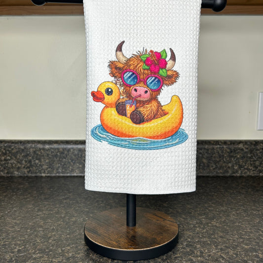 Highland Cow on a Duck Float Kitchen Towel