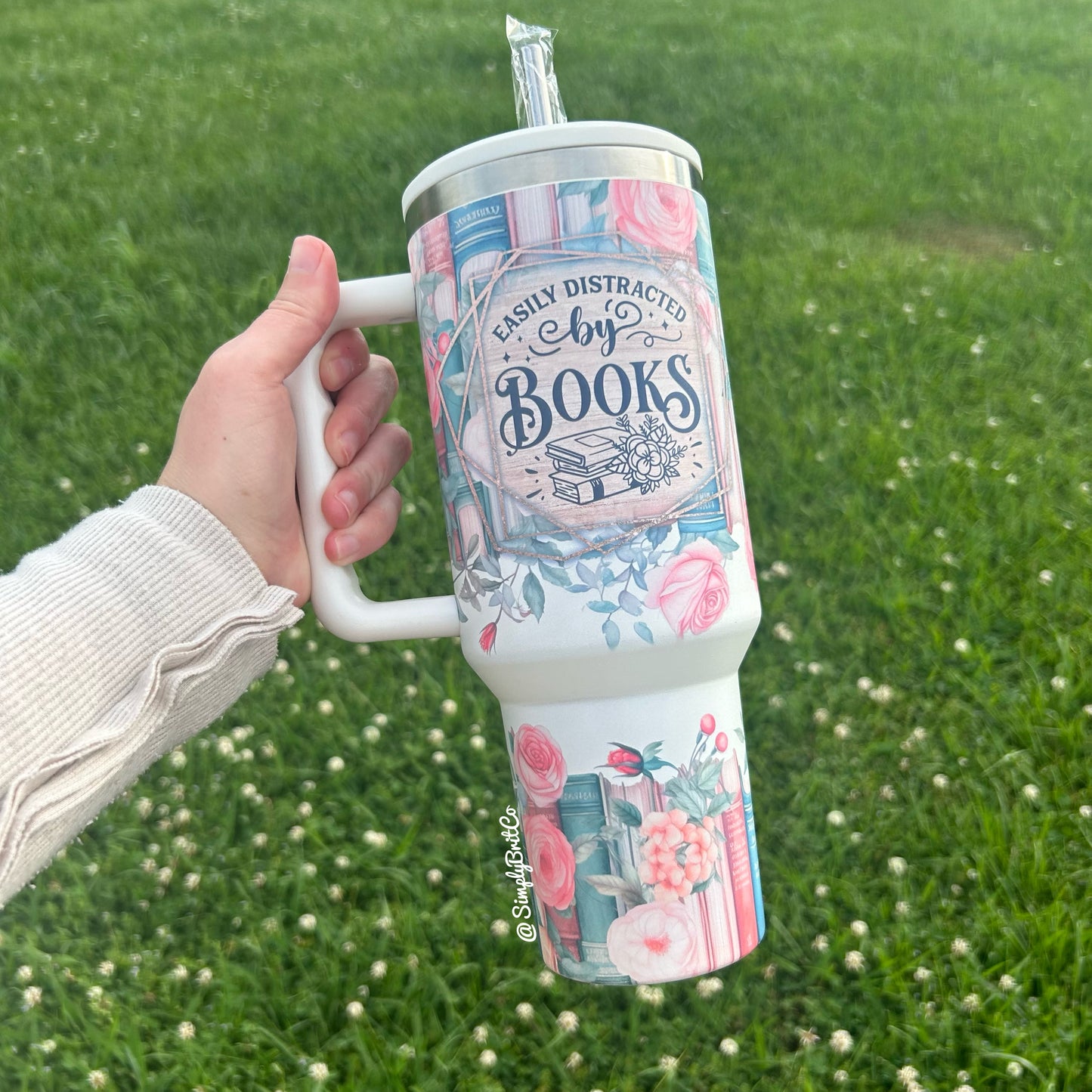 Matte Distracted By Books 40oz Tumbler | Floral Book Lover