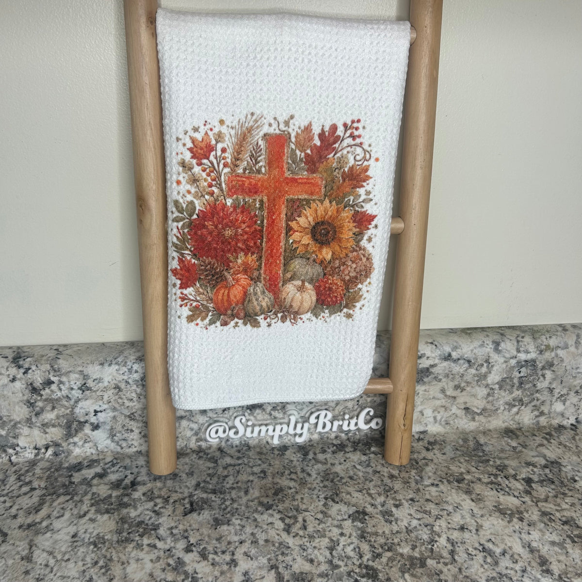 Cross Surrounded by Leaves  and Floral Fall  Kitchen Towel