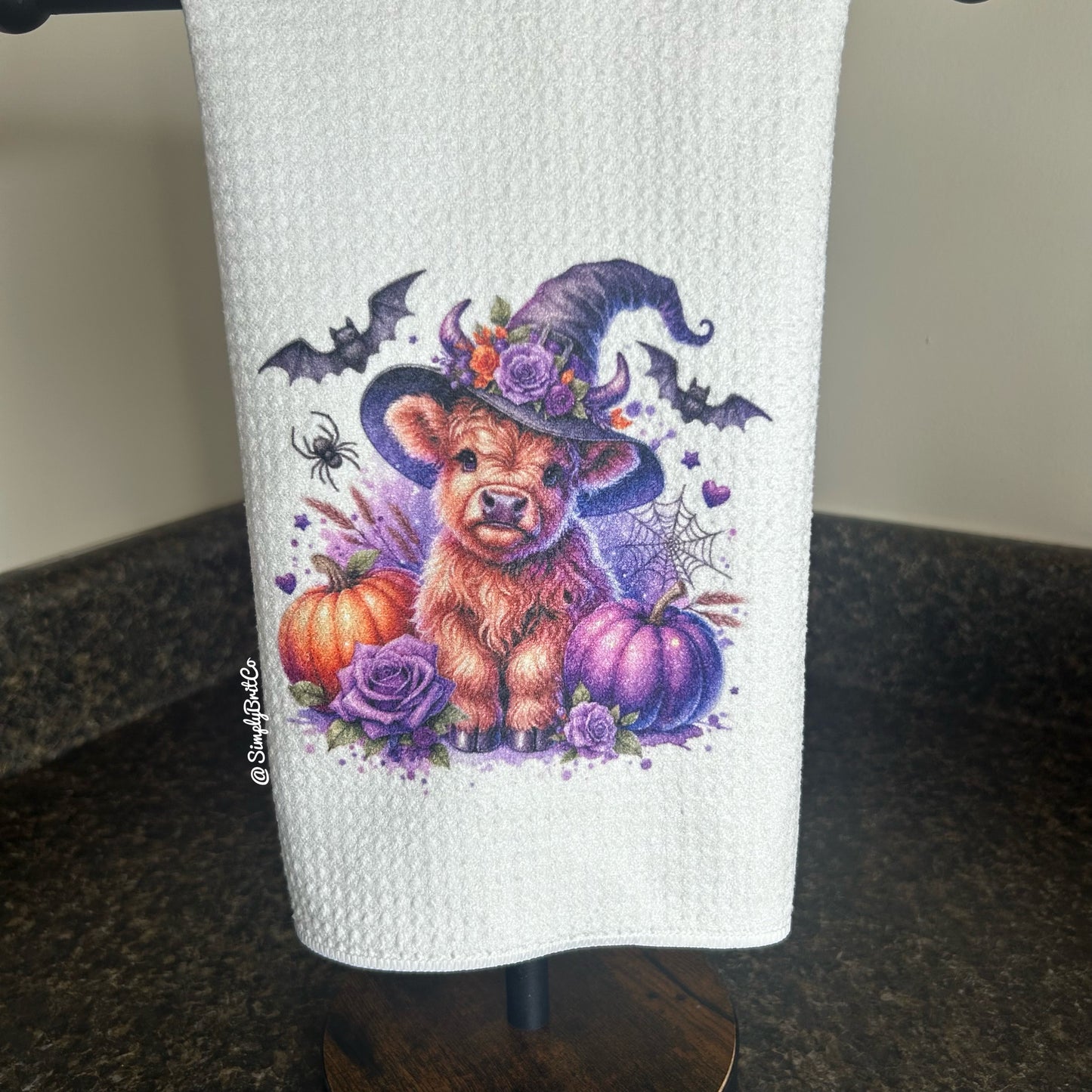 Purple Witch Highland Cow Kitchen Towel - Halloween