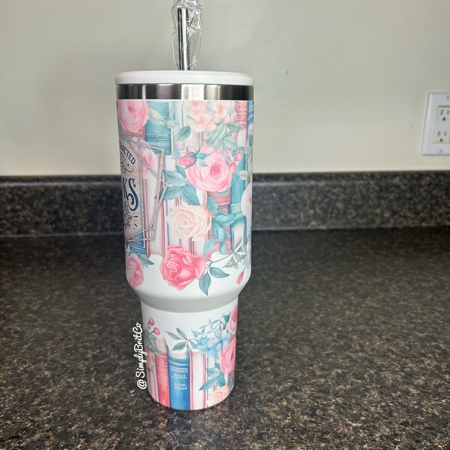 Matte Distracted By Books 40oz Tumbler | Floral Book Lover