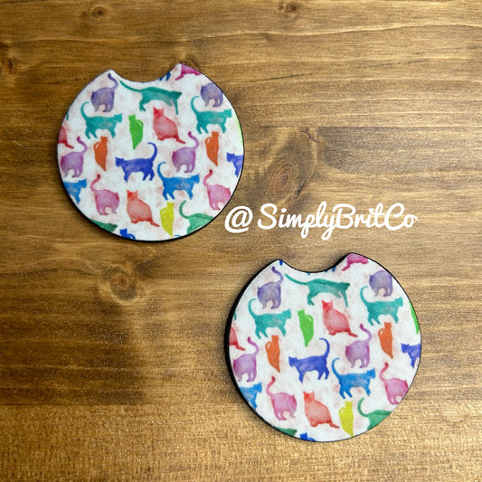 Multi Watercolored Cats Set of 2 Car Coaster