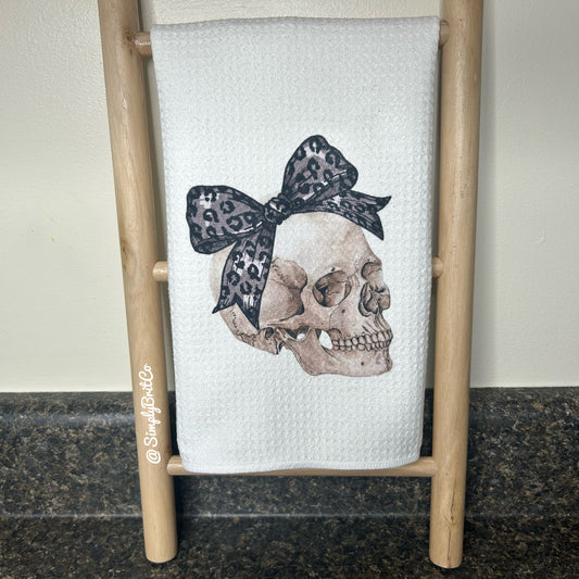 Skull with Cheetah Bow Kitchen Towel - Halloween
