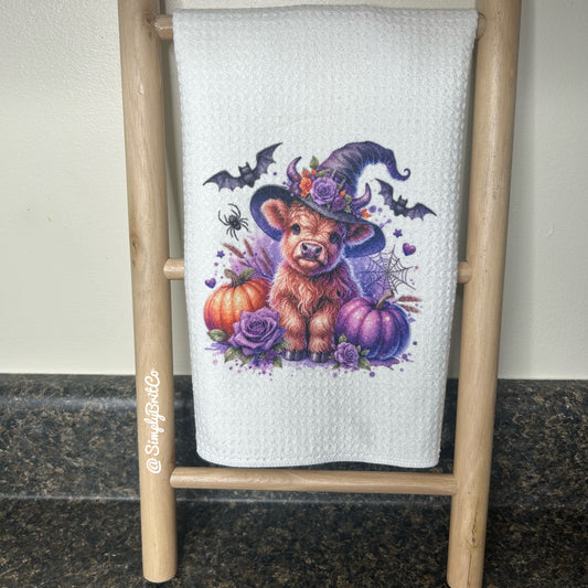 Purple Witch Highland Cow Kitchen Towel - Halloween
