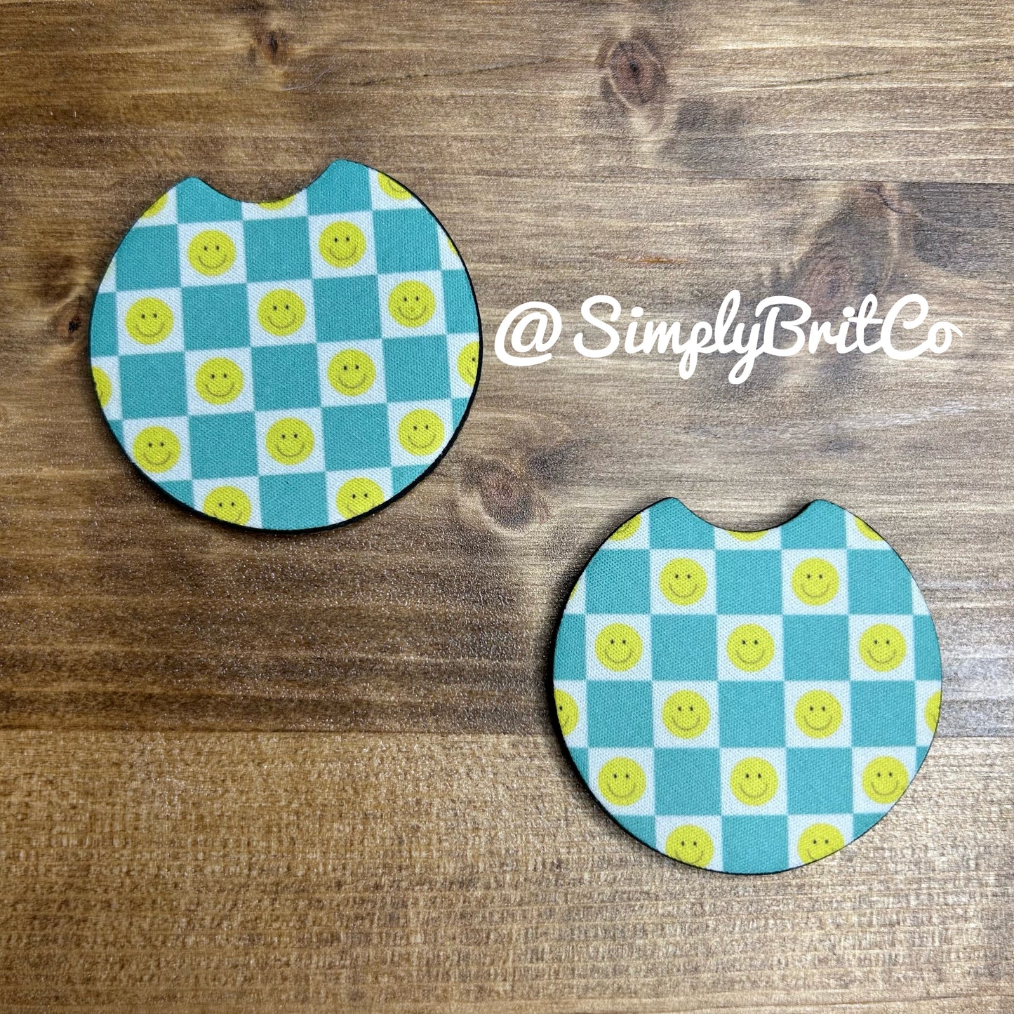 Bright Checkered Smiley Set of 2 Car Coasters