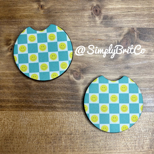 Bright Checkered Smiley Set of 2 Car Coasters