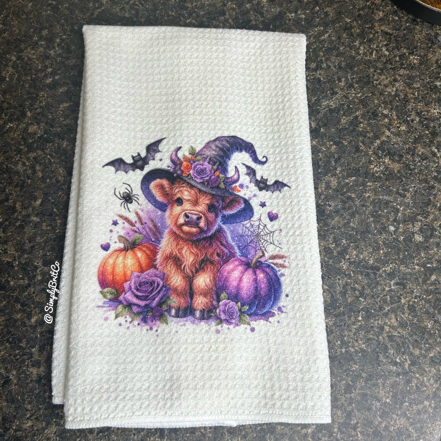 Purple Witch Highland Cow Kitchen Towel - Halloween