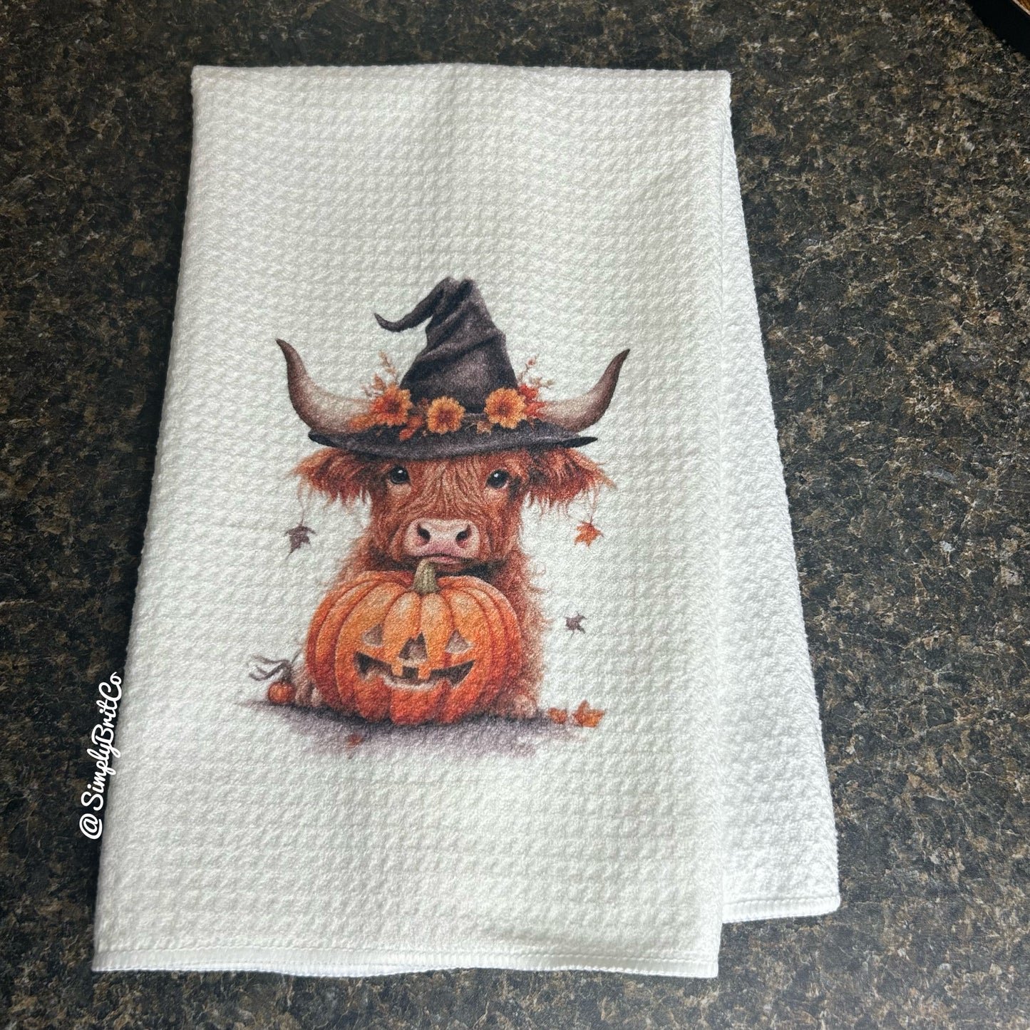 Fall Pumpkin Highland Cow Kitchen Towel - Halloween