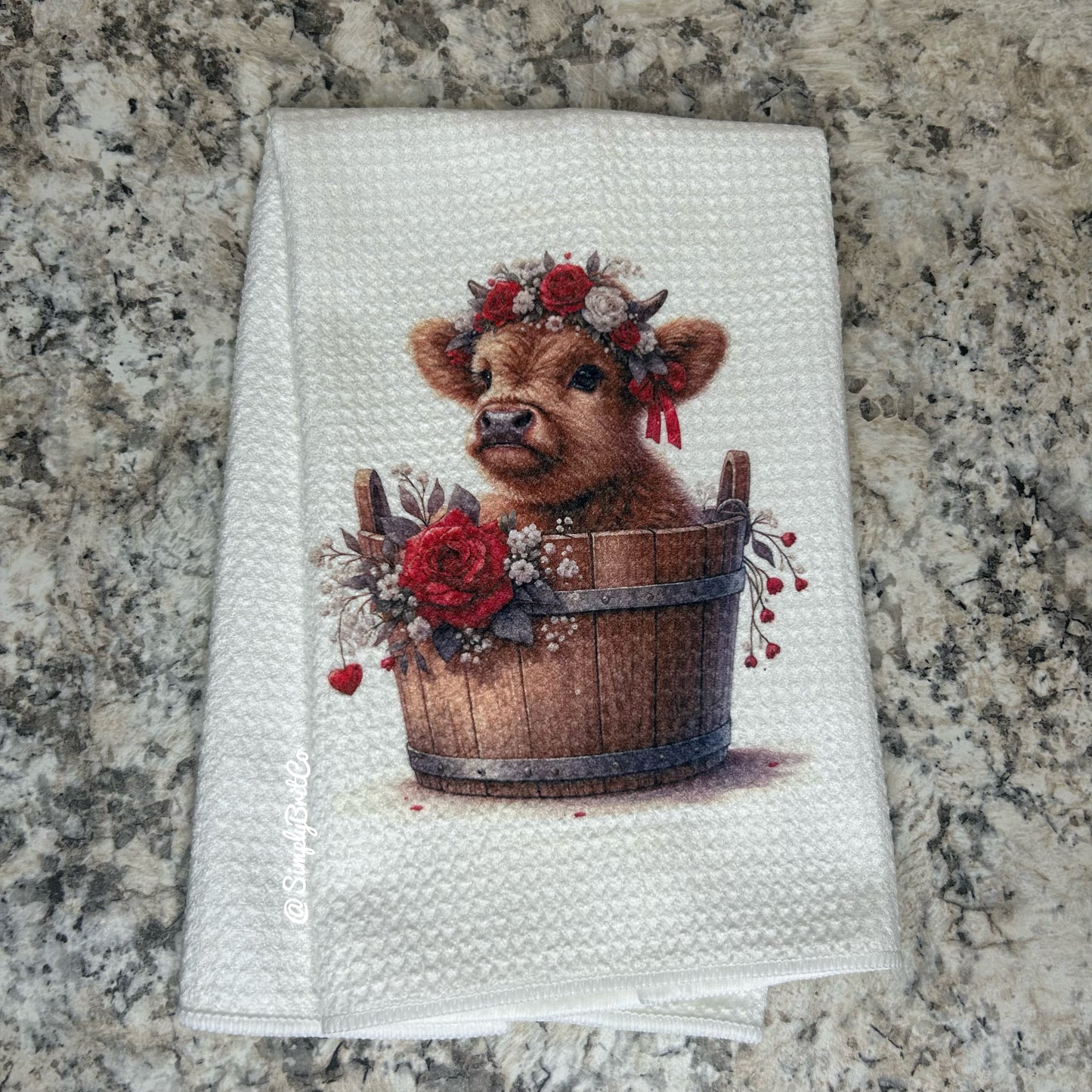 Red Highland Cow Floral Barrel Kitchen Towel