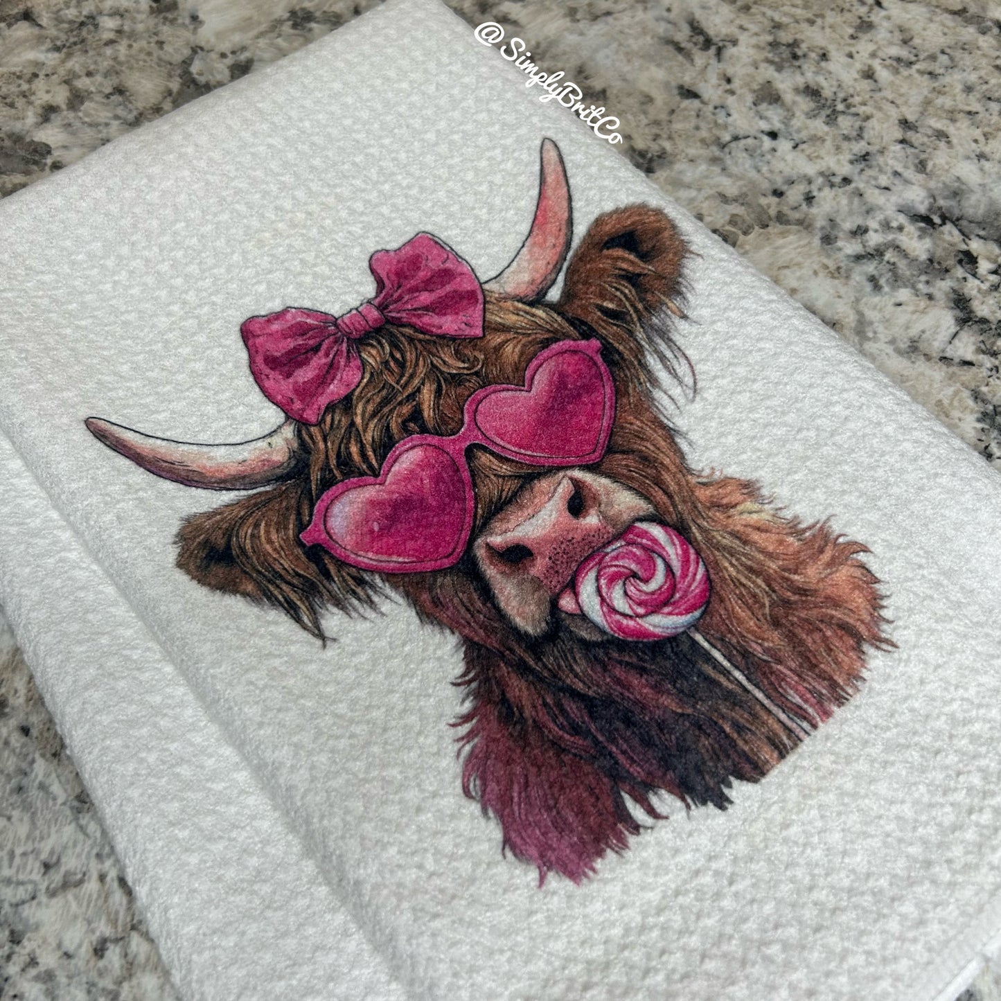 Pink Highland Cow Lollipop Kitchen Towel