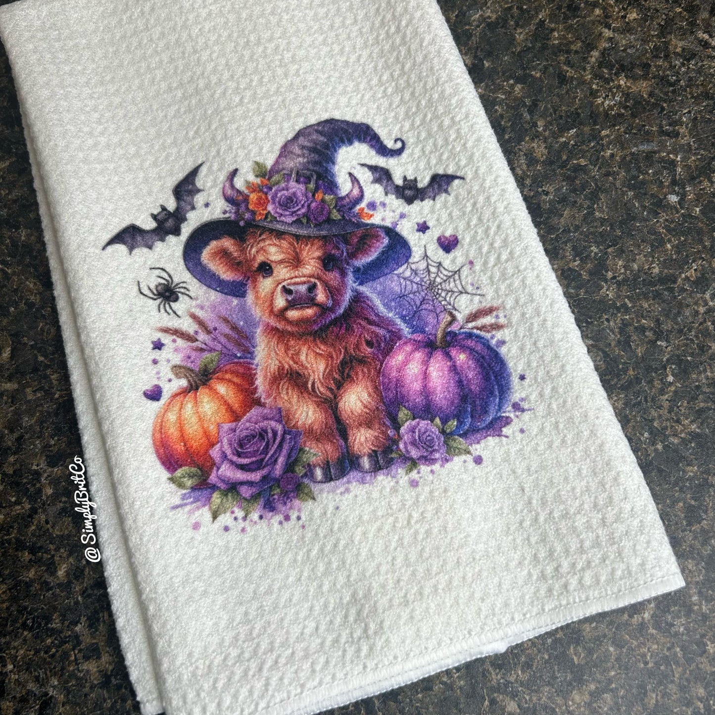 Purple Witch Highland Cow Kitchen Towel - Halloween