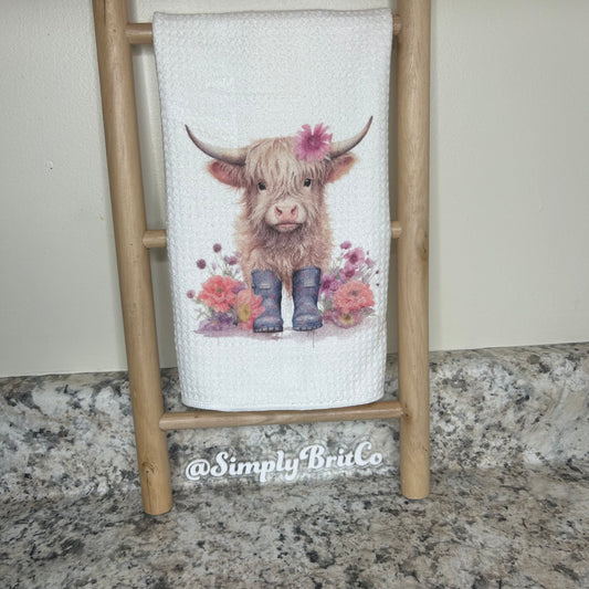 Highland Cow Rain-boots Floral Kitchen Towel
