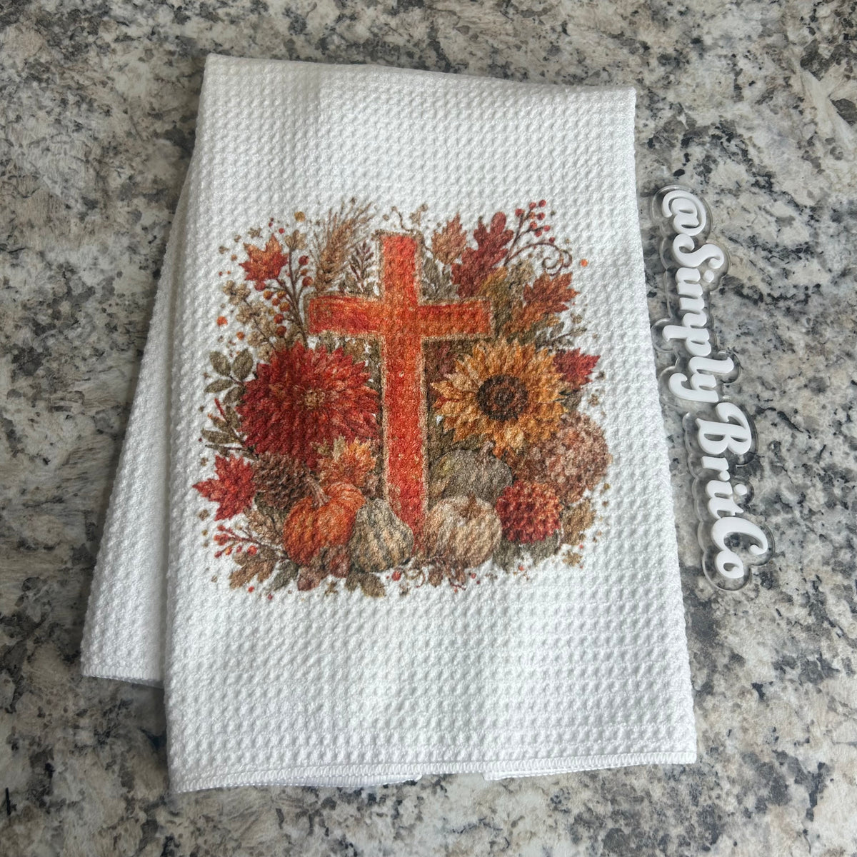 Cross Surrounded by Leaves  and Floral Fall  Kitchen Towel
