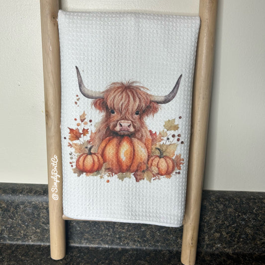 Highland Cow Fall Pumpkin Kitchen Towel