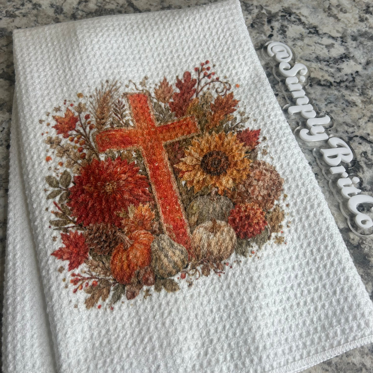 Cross Surrounded by Leaves  and Floral Fall  Kitchen Towel
