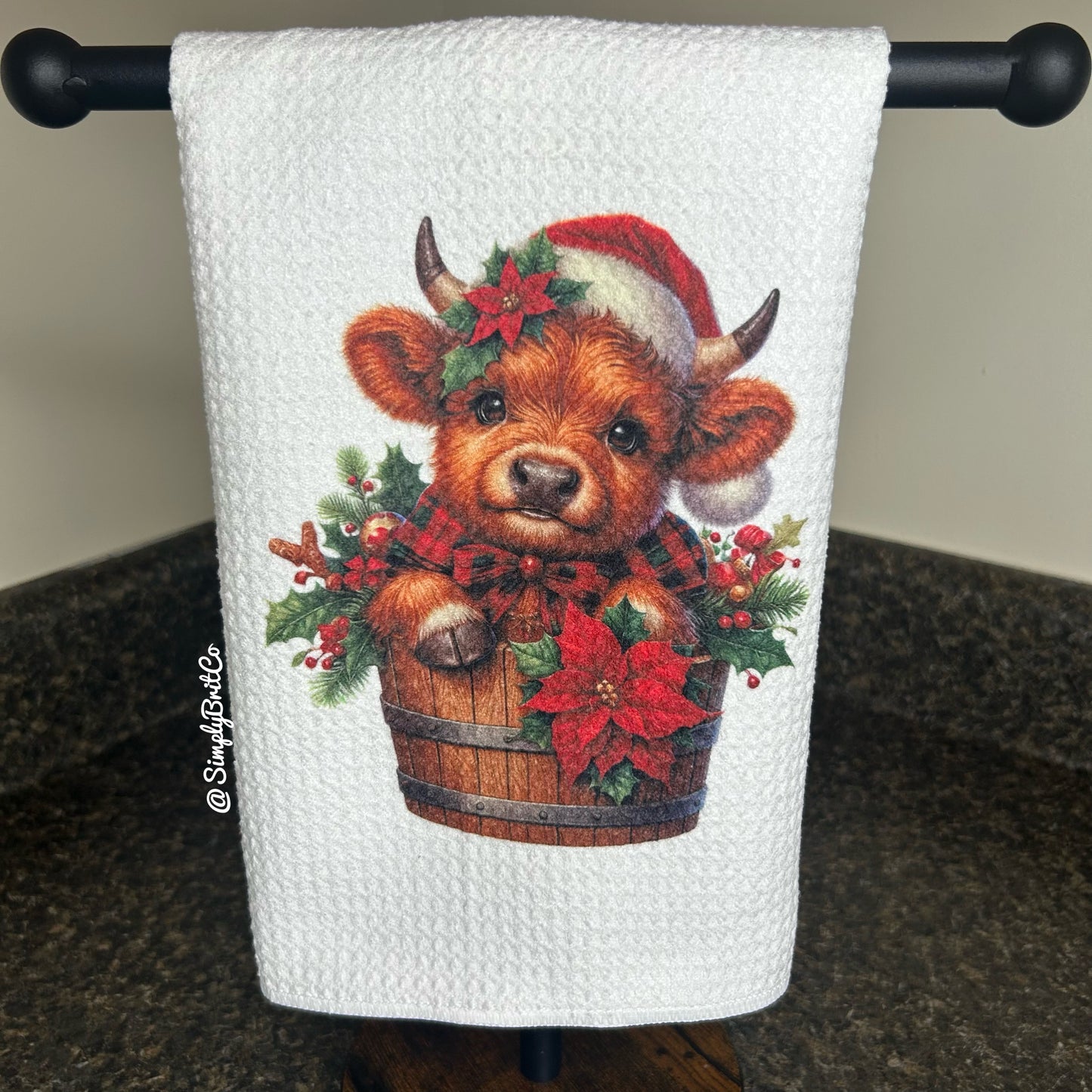 Red Plaid Highland Cow Barrel Christmas Kitchen Towel