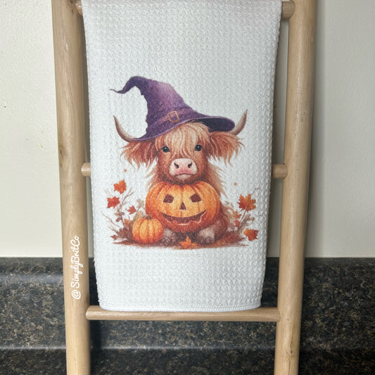 Purple Witch Highland Cow with Pumpkin Kitchen Towel - Halloween