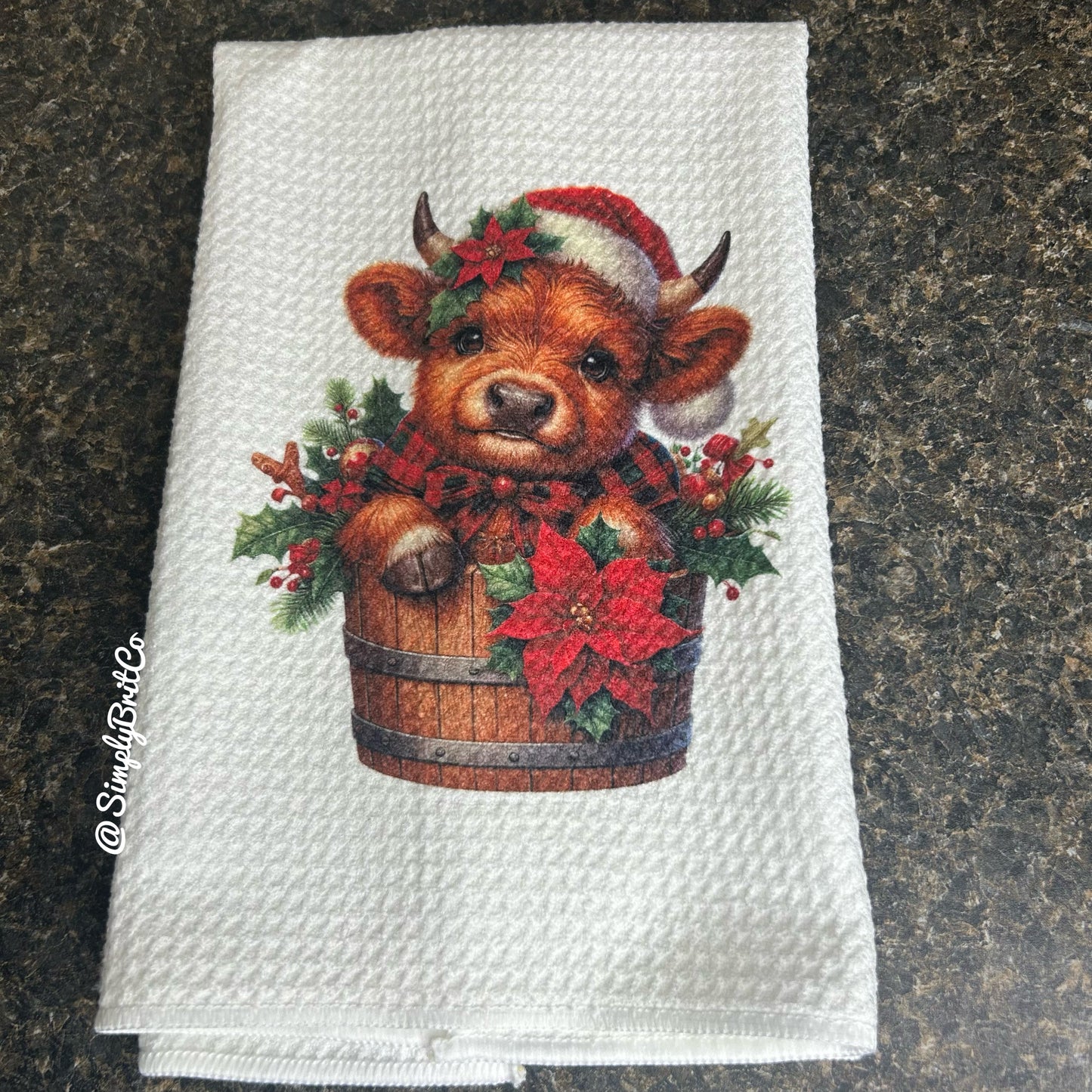 Red Plaid Highland Cow Barrel Christmas Kitchen Towel