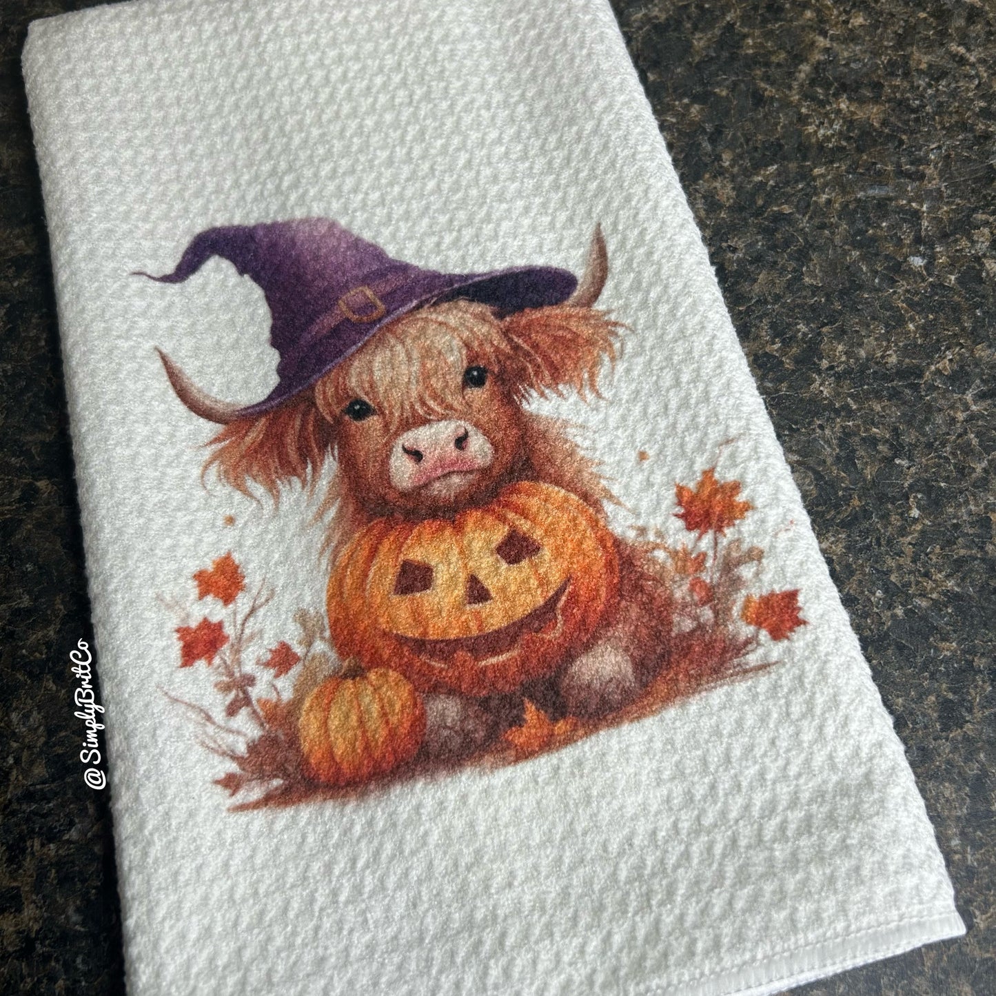 Purple Witch Highland Cow with Pumpkin Kitchen Towel - Halloween
