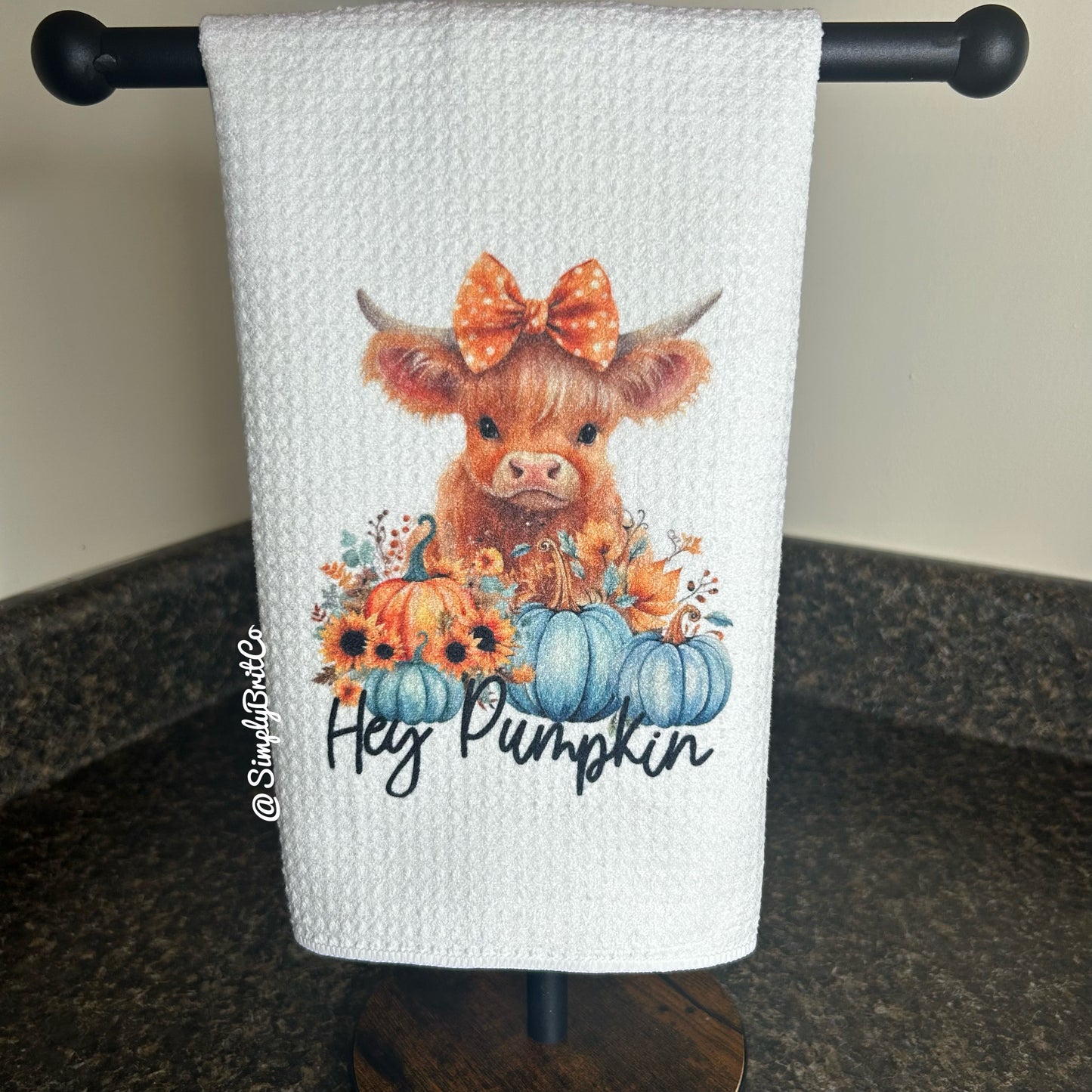 Hey Pumpkin Highland Cow Teal Pumpkins Kitchen Towels - Fall