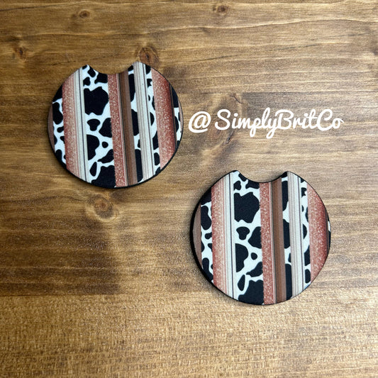Neutral Cow Print Set of 2 Car Coaster