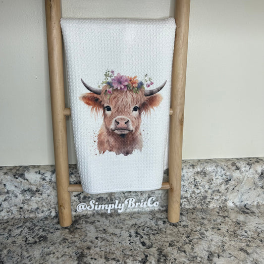 Floral Highland Cow Kitchen Towel