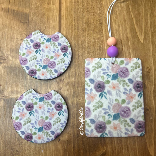 Purple Floral Freshie and Car Coaster