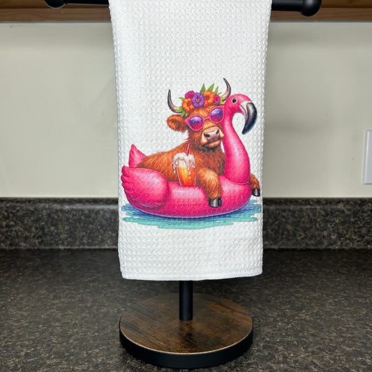 Pink Flamingo Float Highland Cow Kitchen Towel