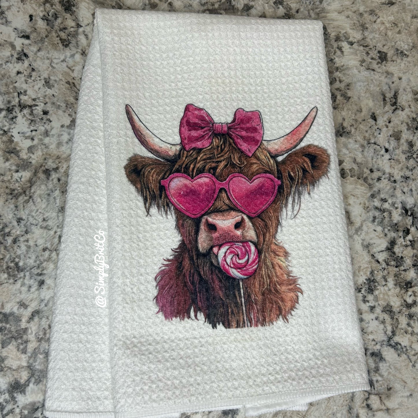 Pink Highland Cow Lollipop Kitchen Towel