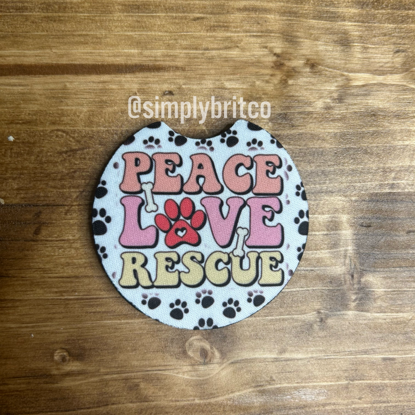 Peace Love Rescue Set of 2 Car Coaster | Paw Prints