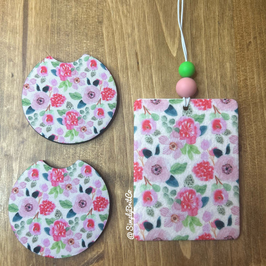 Pink Floral Freshie and Car Coaster