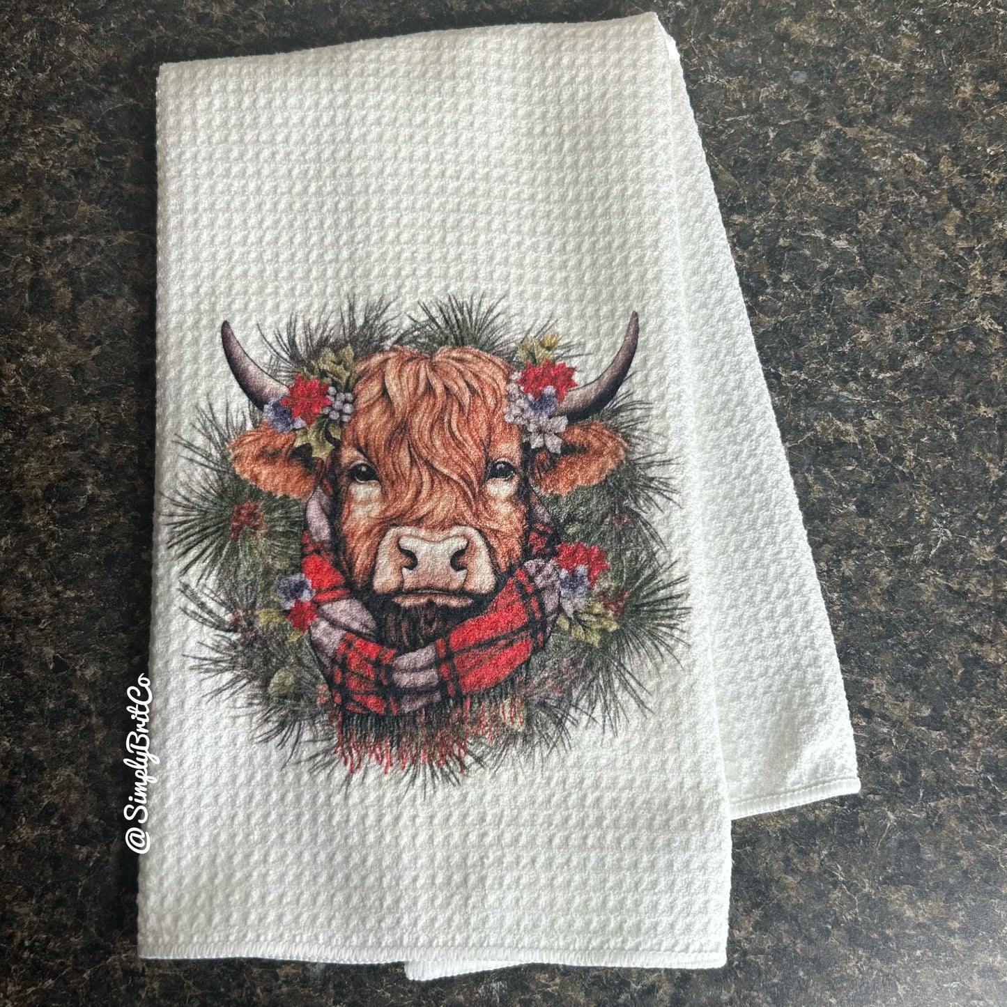 Highland Cow Wreath Christmas Kitchen Towel