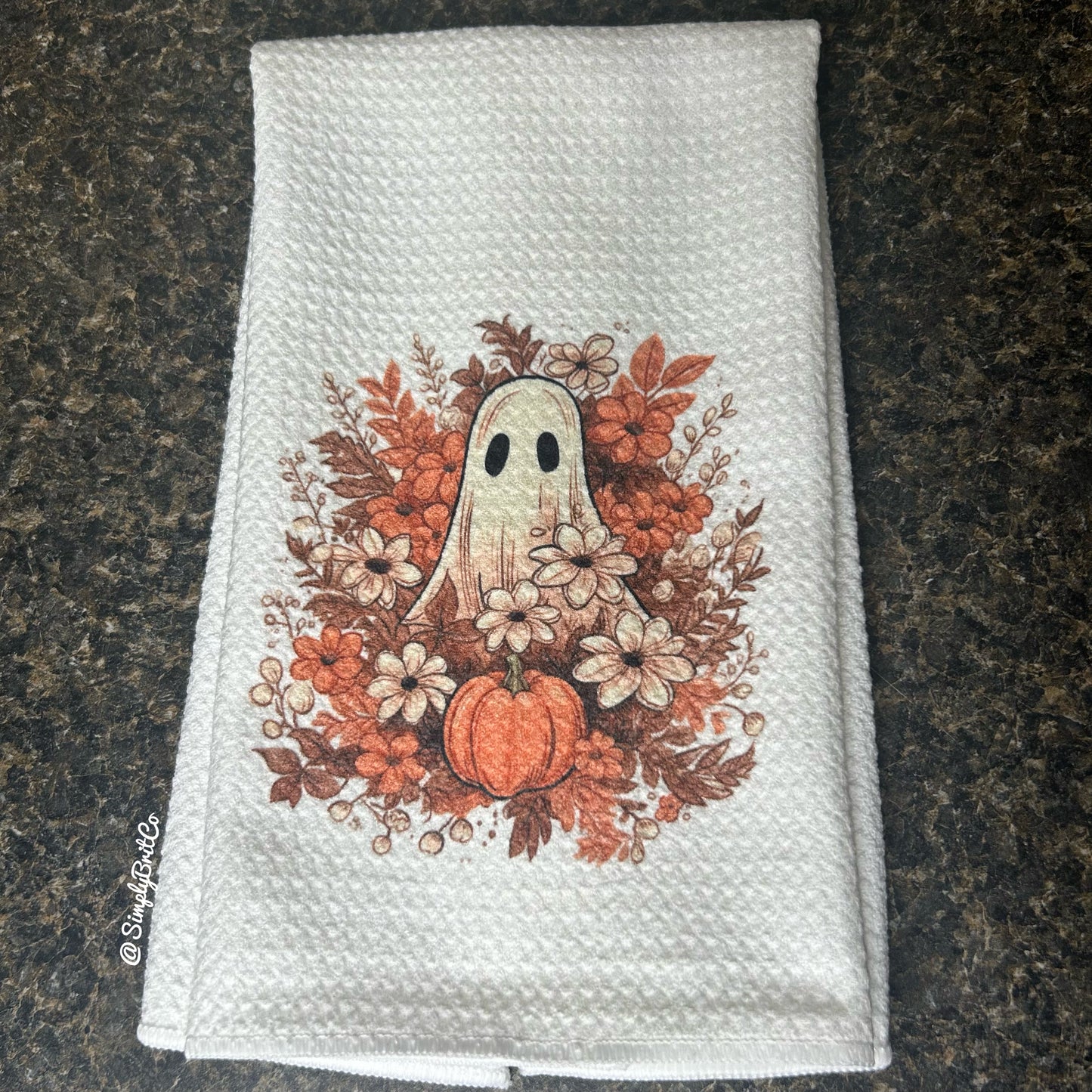 Floral Ghost Holding a Pumpkin Kitchen Towel - Fall, Halloween