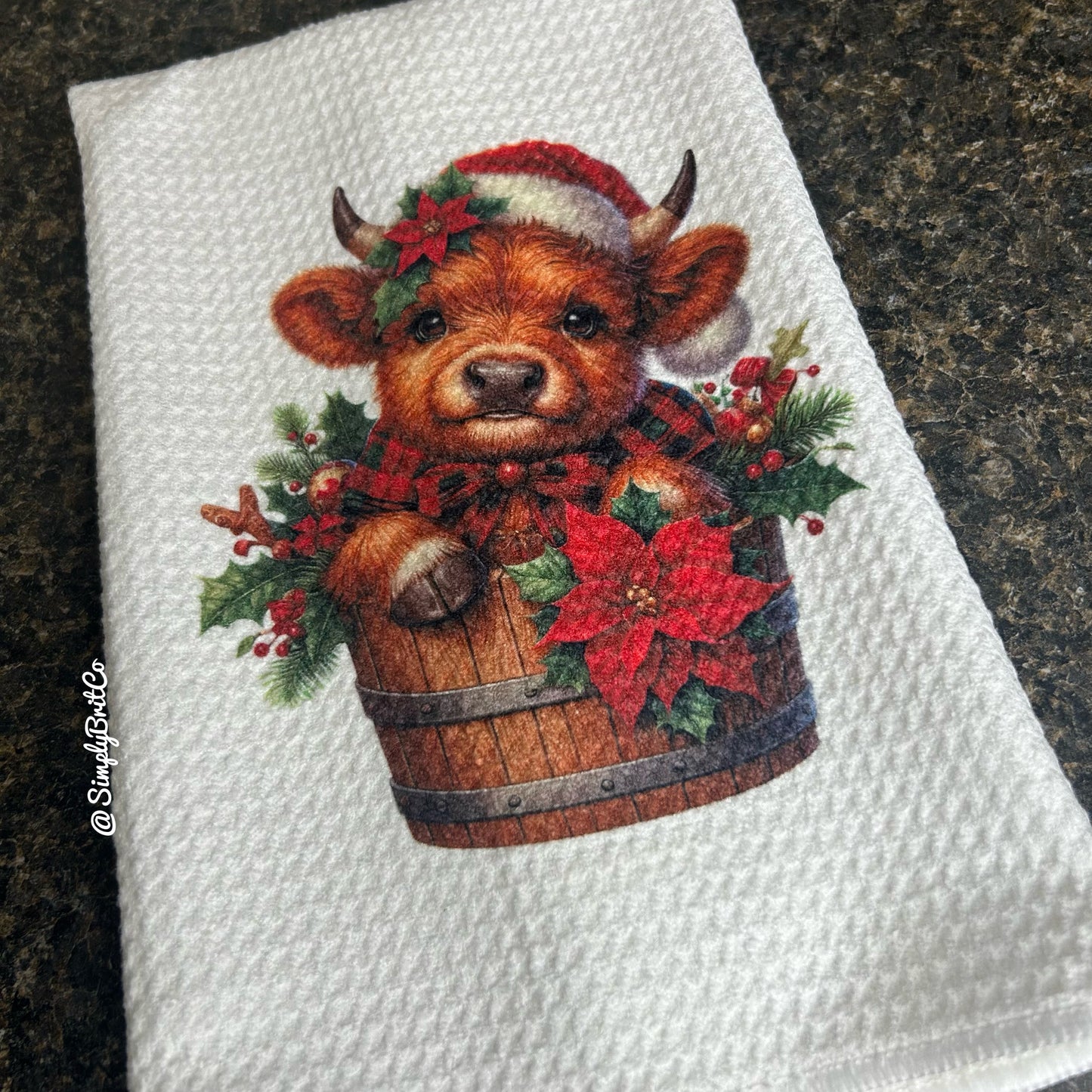 Red Plaid Highland Cow Barrel Christmas Kitchen Towel