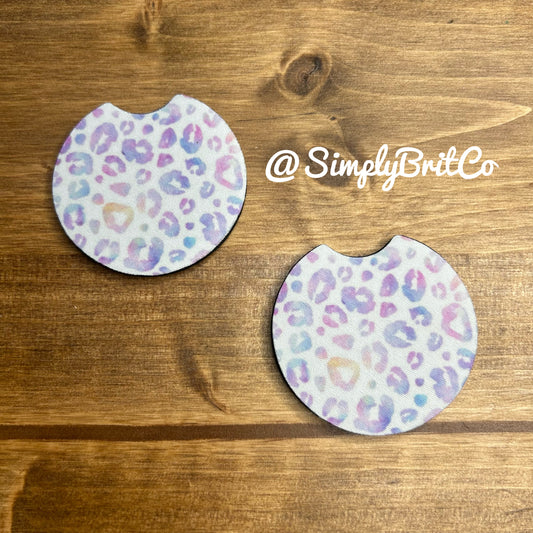 Purple Watercolor Cheetah Set of 2 Car Coaster