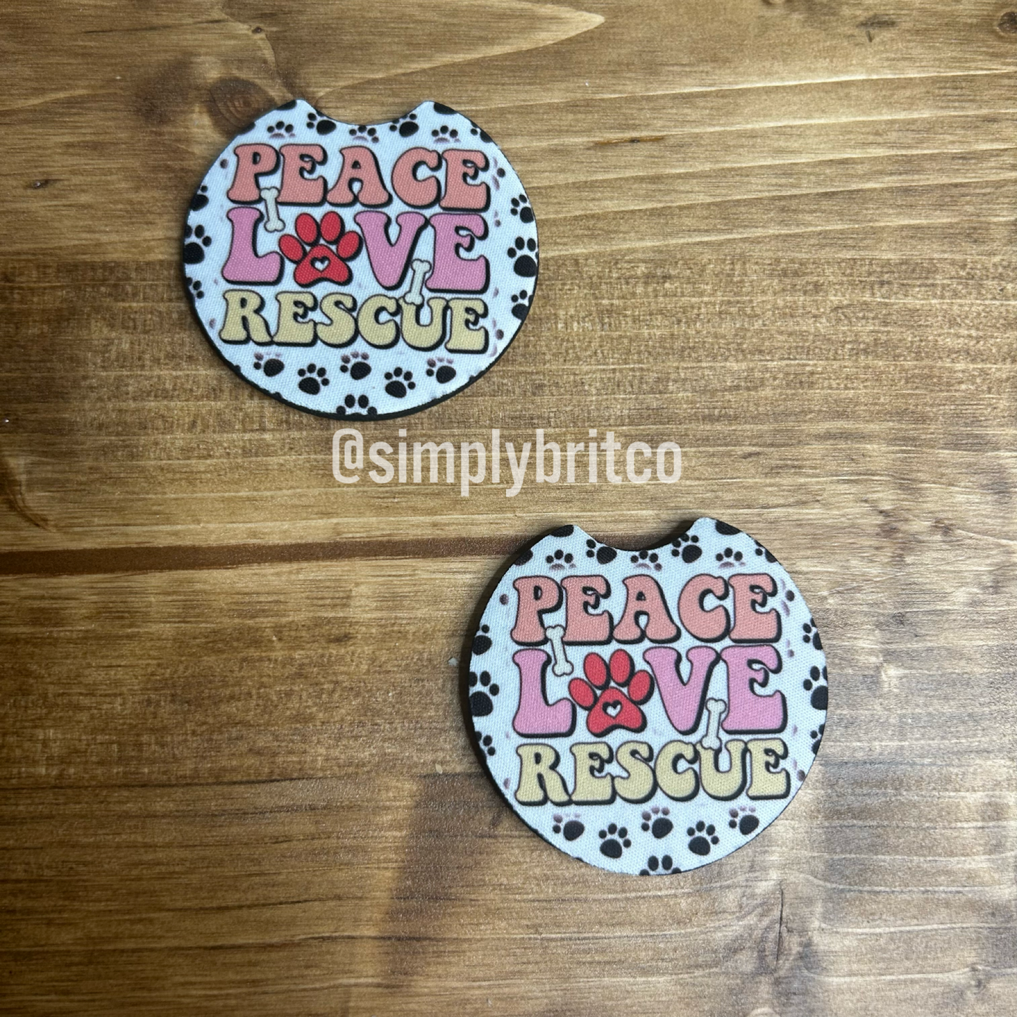 Peace Love Rescue Set of 2 Car Coaster | Paw Prints
