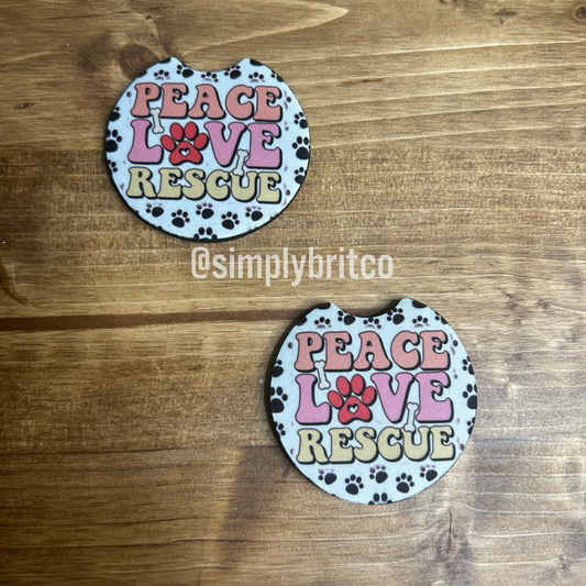 Peace Love Rescue Set of 2 Car Coaster | Paw Prints