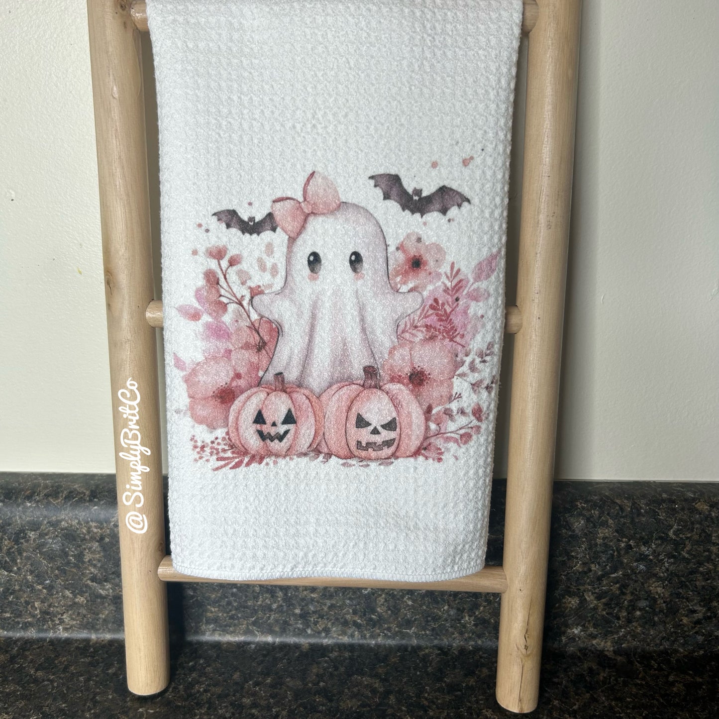 Pink Ghost Halloween Kitchen Towel