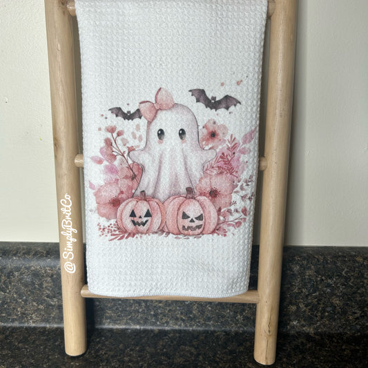 Pink Ghost Halloween Kitchen Towel