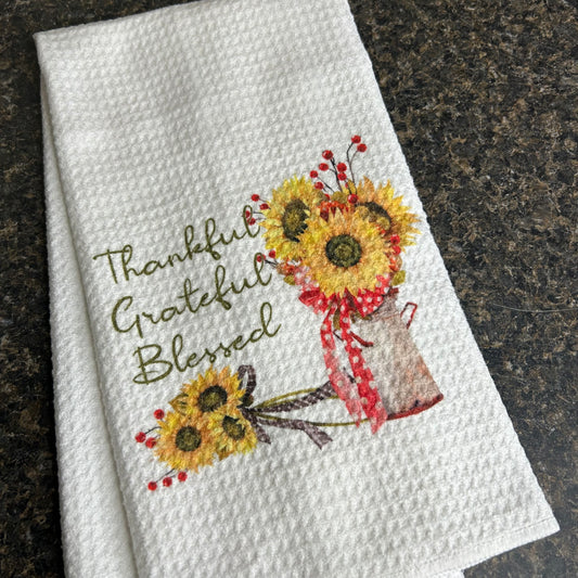 Thankful Grateful Blessed Kitchen Towel | Sunflowers