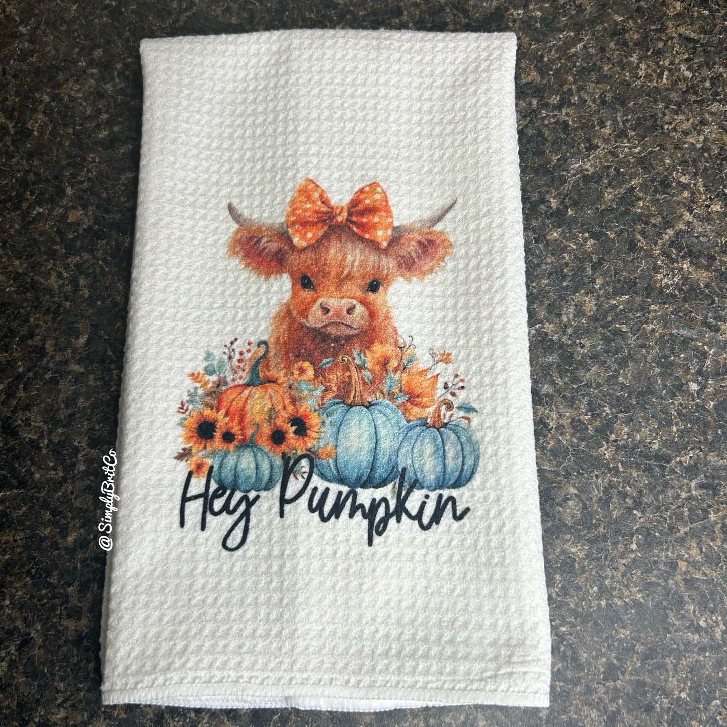 Hey Pumpkin Highland Cow Teal Pumpkins Kitchen Towels - Fall