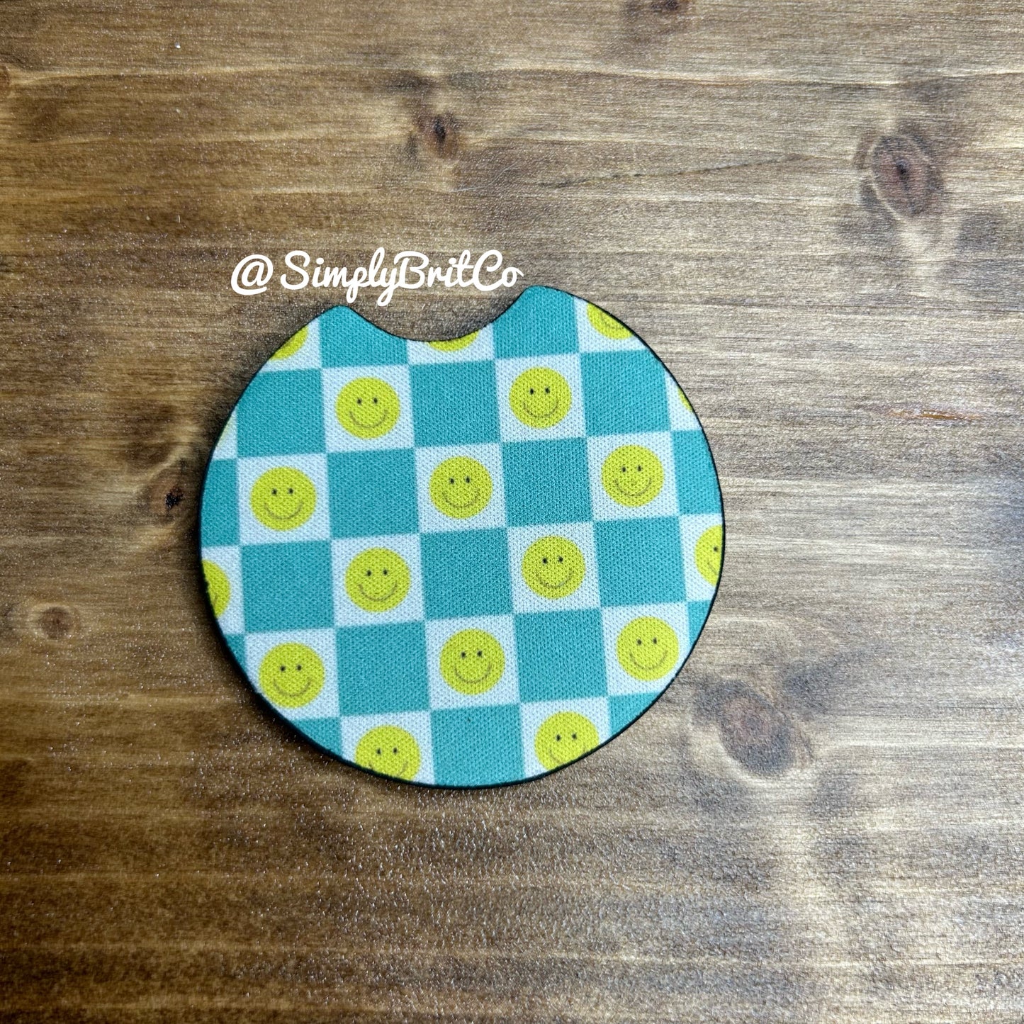 Bright Checkered Smiley Set of 2 Car Coasters