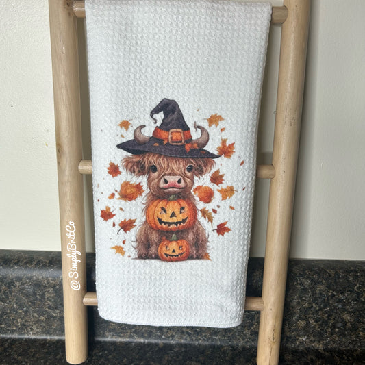 Fall Pumpkin Stack with Highland Cow Witch Halloween Towel
