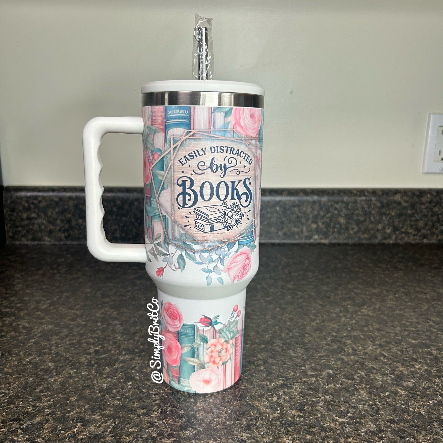 Matte Distracted By Books 40oz Tumbler | Floral Book Lover