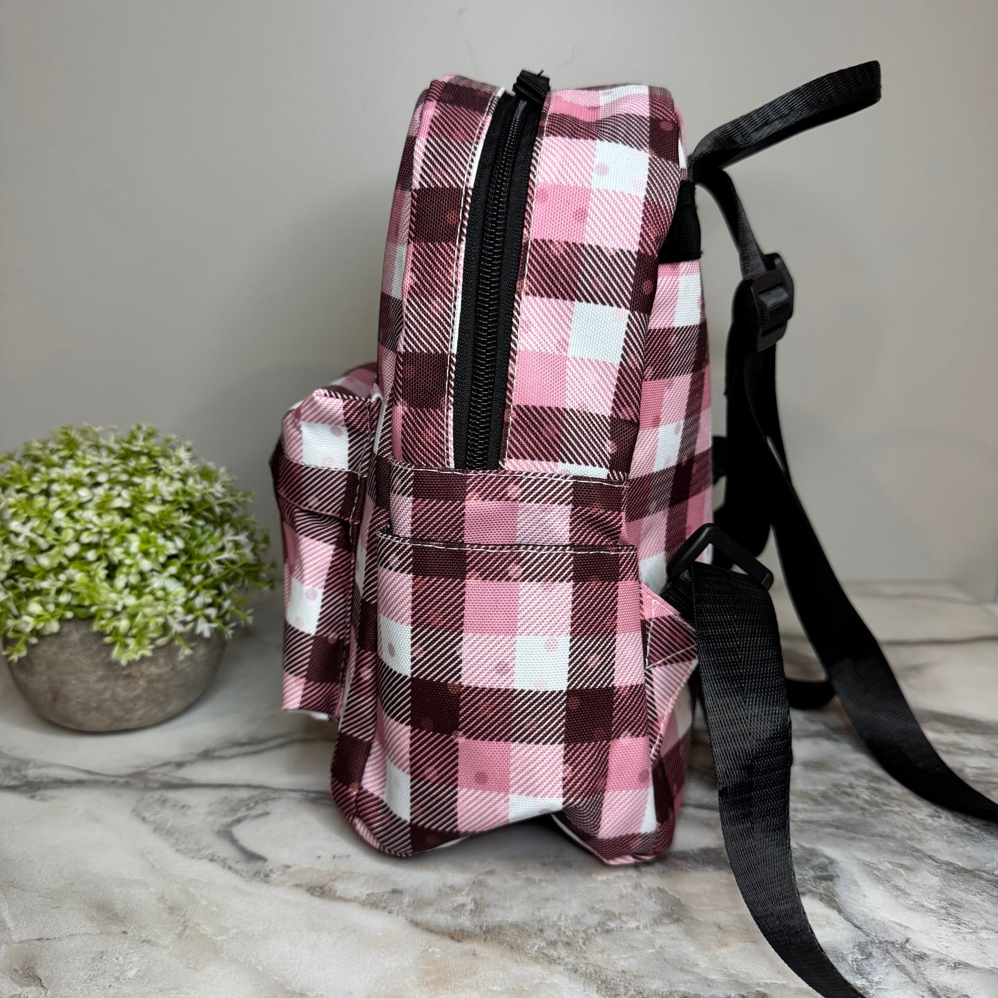 Mini Backpack - Pink Polka Dot Plaid