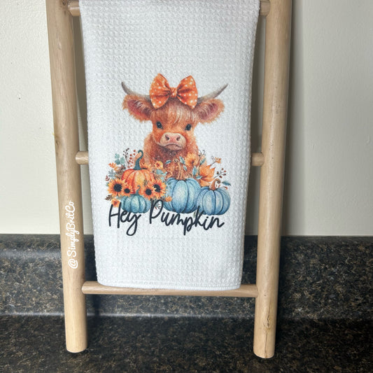 Hey Pumpkin Highland Cow Teal Pumpkins Kitchen Towels - Fall